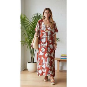 Unique Vintage Floral Rust Orange 70s Flowy Kaftan Bohemian One Size